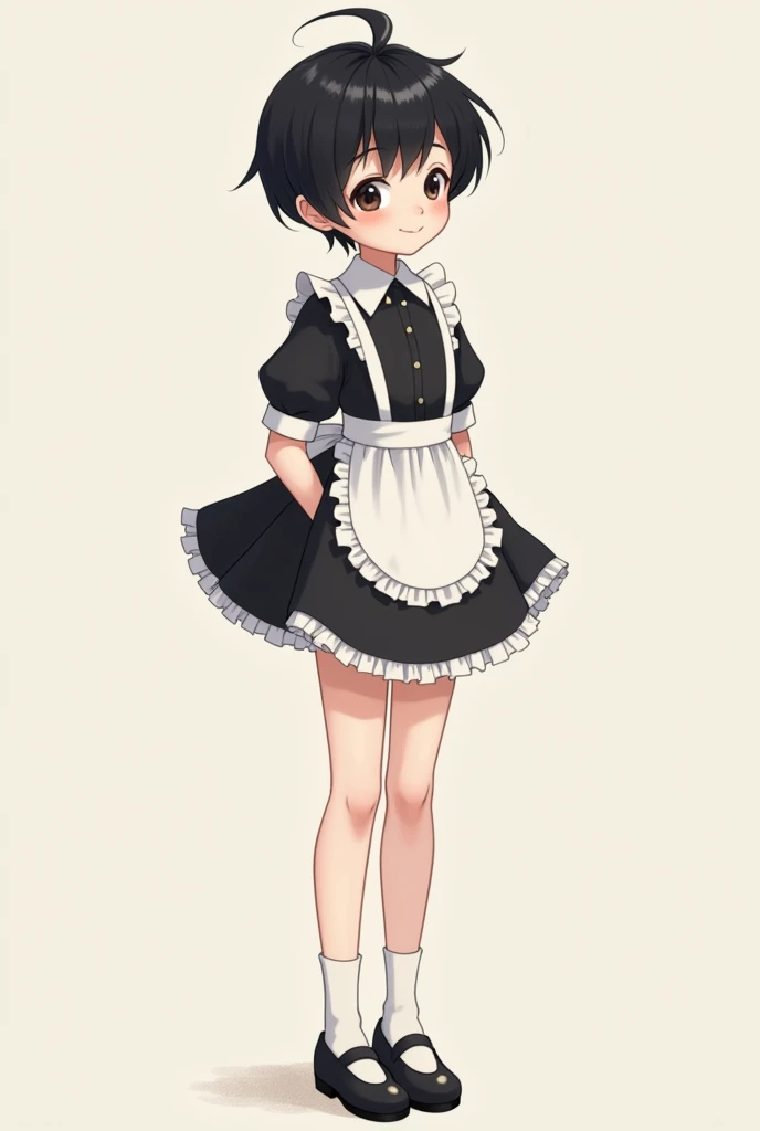 A white-skinned, black-haired Asian boy wearing a maid outfit