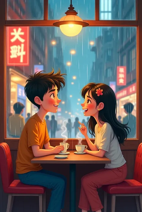 A cartoon of A boy and a girl sitting at restaurant in rainy season . Adult boy and girl. Nothing will remain on hand