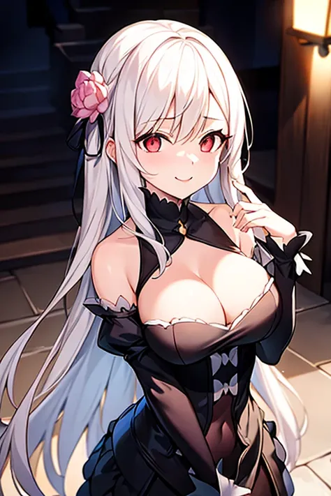 An anime-style girl with long, flowing white hair, big, seductive eyes, and a sexually enticing expression. She is wearing a sexy black dress that accentuates her figure, standing in a dimly lit, narrow alleyway in a luxurious residential area at night. Sh...