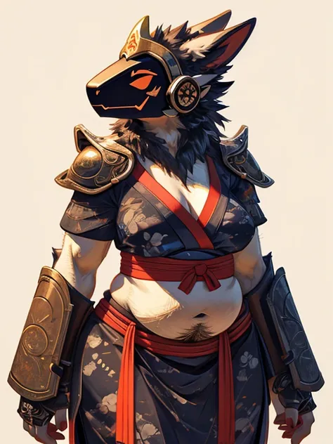 Hairy Protogen, Wide hips, stomach, beautiful, chubby, spongy, Hairy details, female, naked big breasts, samurai plate armor (shoulder pads and gauntlets), they mask, samurai pearls, katanas , kabuto helmet, traditional Japanese attire 