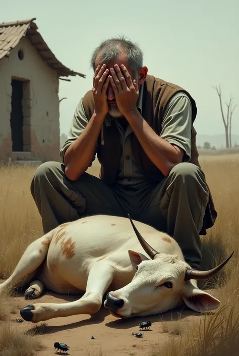 A 30 years poor farmer sitting and crying infront of the died cow 