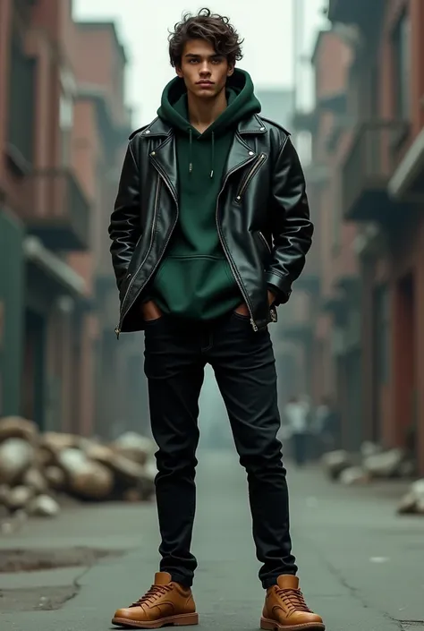 Black leather jacket, underneath a dark green hooded sweatshirt, black jeans and camel-colored shoes