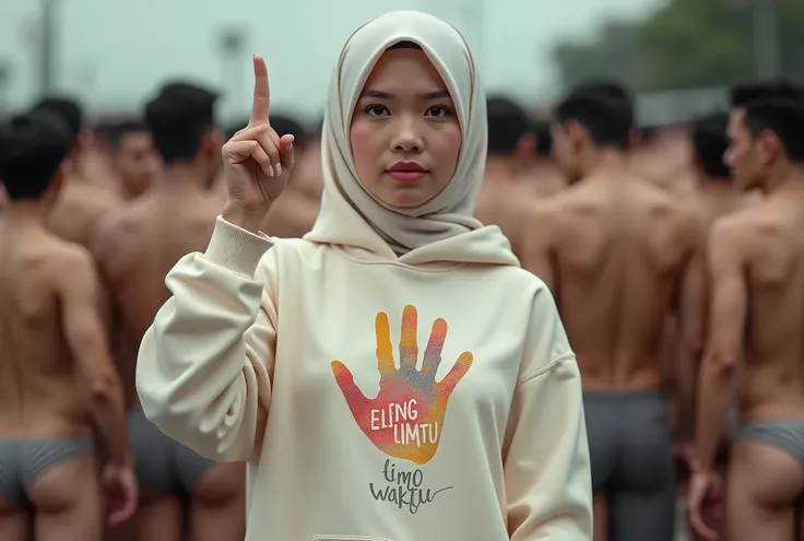 A hijaber indonesian pretty woman, wearing a cream hoodie with a strong vector design featuring a silhouetted image of a five-fingered palm in pastel colour with love and light. The phrase "ELENG LIMO WAKTU" is displayed in bold simple elegand, distressed ...