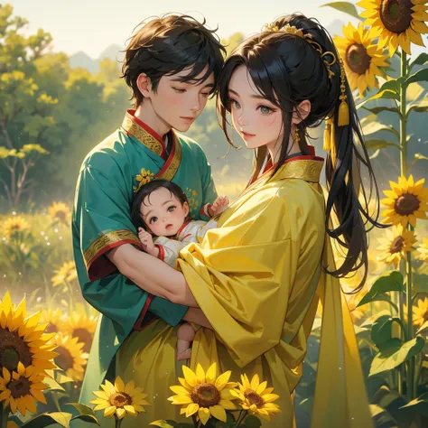 A one-year-old baby boy in an ancient Chinese baby costume with his beautiful mother, dressed in an ancient Chinese costume, Strolling among the sunflower fields Glowing yellow, next to it are lush green trees. In the background are lush green mountains, p...