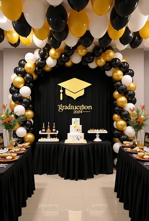 party room to celebrate the themed graduation of a medical doctor, with a black background fabric that has a design of a gold graduation cap in the center and below the design, is the word My Graduation and below the year 2024, to the side an arch of ballo...