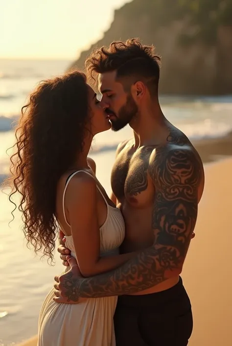 Curly couple and handsome tattooed man on the beach looking at each other and kissing