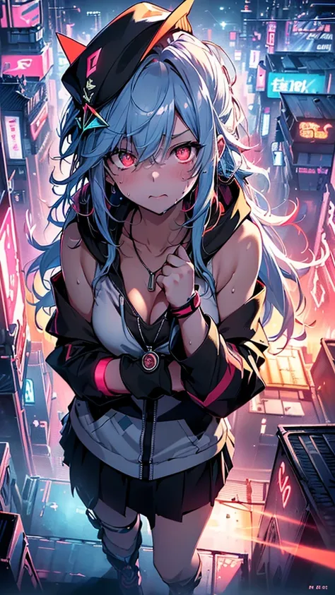 最high quality、Best image quality、masterpiece、girl((18-year-old、 By becoming、Best Bust、Medium Bust,Wide open breast tea、Red glowing eyes,Silver Hair、Disheveled Hair、Long Hair、thin,The highest valley、Open chest、Luminous Wristbands、hat、hair ornaments、luminous...