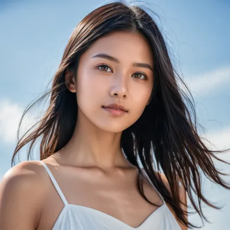 Yui, photo of female, age 15 year, black shoulder length hair with brown highlights; (dslr, ultra quality, film grain, Fujifilm XT3, crystal clear, 8K UHD, highly detailed glossy eyes, high detailed skin, skin pores); wear white slip dress, sky background,...