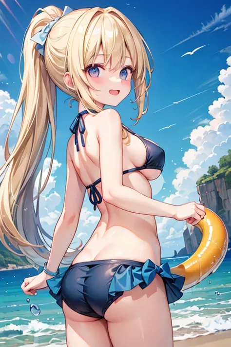 (Highest quality), (masterpiece), (Ultra-high resolution), whole body, Teenage girl, Blonde, Ponytail, A big smile, Big Breasts, bikini, Seaside, Excited, Splash, Looking back at me from behind