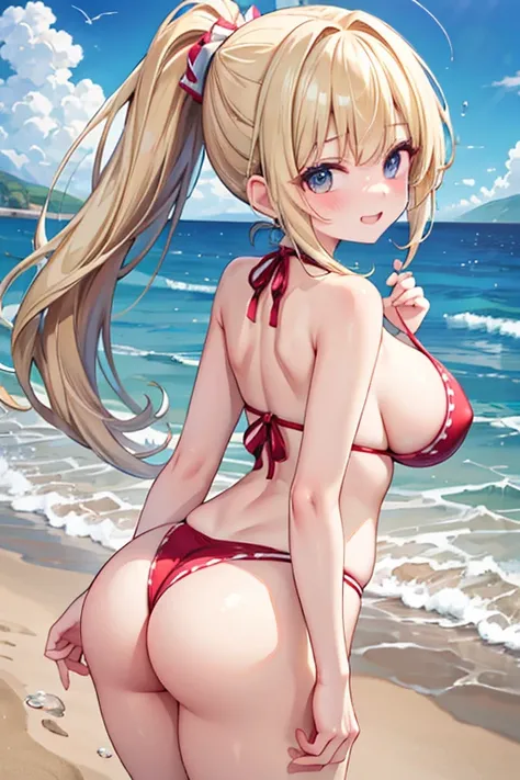 (Highest quality), (masterpiece), (Ultra-high resolution), whole body, Teenage girl, Blonde, Ponytail, A big smile, Big Breasts, bikini, Seaside, Excited, Splash, Looking back at me from behind