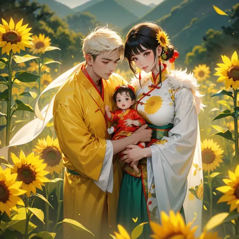 A one-year-old baby boy in an ancient Chinese baby costume with his beautiful mother, dressed in an ancient Chinese costume, Strolling among the sunflower fields Glowing yellow, In the background are lush green mountains, playing with each other, with his ...