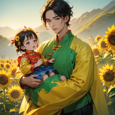 A one-year-old baby boy in an ancient Chinese baby costume with his beautiful mother, dressed in an ancient Chinese costume, Strolling among the sunflower fields Glowing yellow, In the background are lush green mountains, playing with each other, with his ...