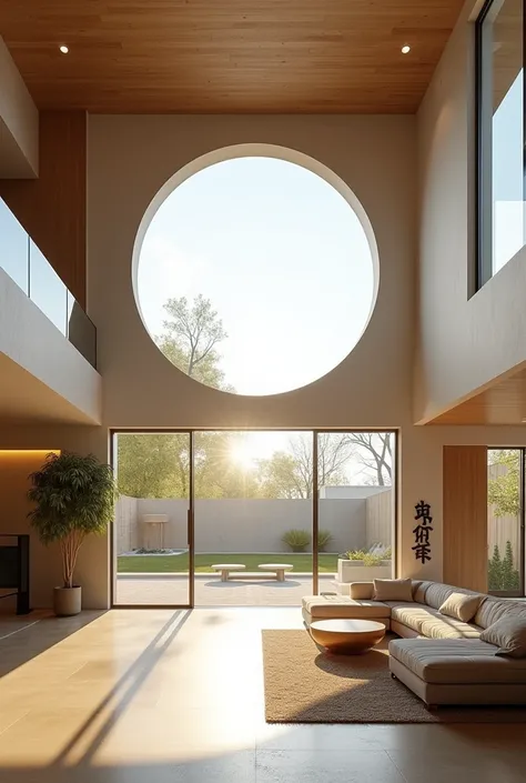 double-height interior space with a circular window wall that faces the patio that gives all lighting to the back wall, another medium horizontal window that joins the back wall in the corner, the third right wall has huge windows with big separations
