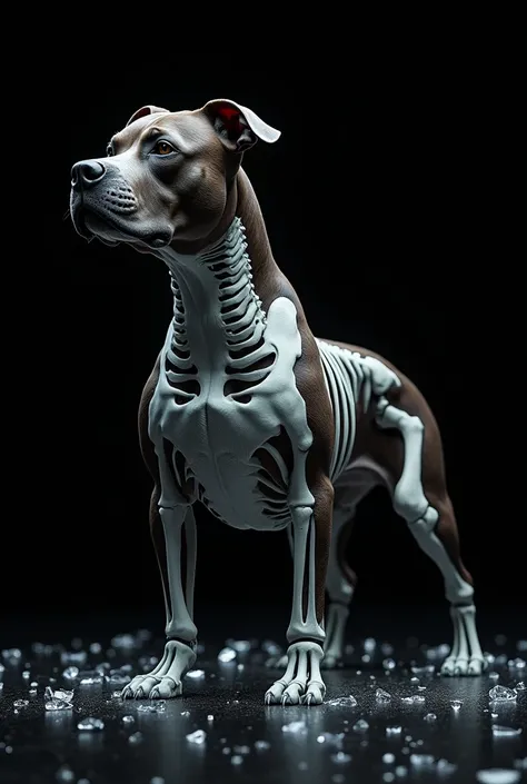 Photo of an American Bully dog with a palette of 4 colors, with half of the dog in skeleton, make it look realistic, with broken glass details, on black background