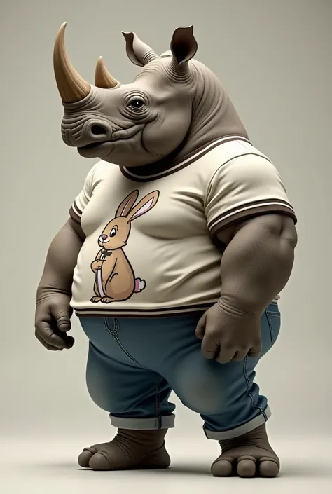 A muscular rhinoceros standing on two legs wearing jeans and a sports shirt with a rabbit image.
