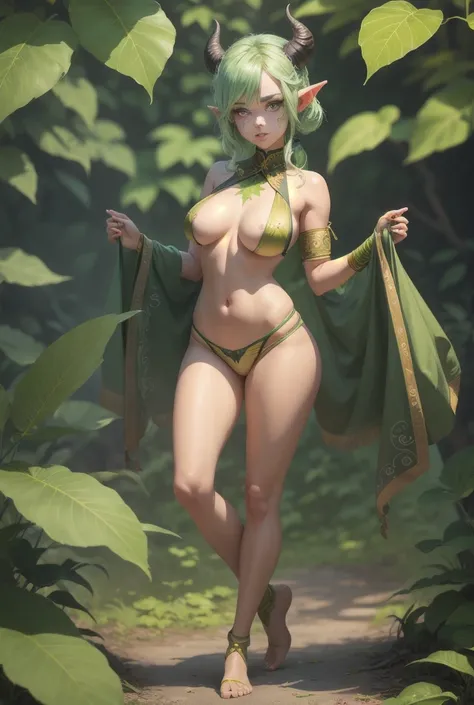 young plant girl with a tanned skin tone, Fluffy tail, Elegant, elven ears, tanned skin tone, serious glare, ponytails, leaf green hair, Heterochromia with deep green & Gold eyes, b-cup, lithe, fit, tribal attire, full-body, slender legs, footless tights w...