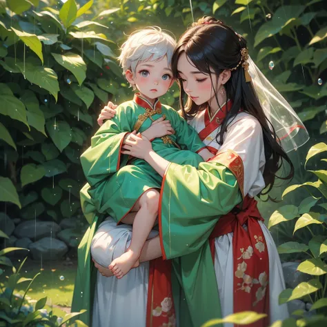 A one-year-old baby boy in an ancient Chinese baby costume with his beautiful mother, dressed in an ancient Chinese costume, Take a walk in the rose garden The garden on the side is lush and green. The atmosphere is after the rain. The air is humid. There ...