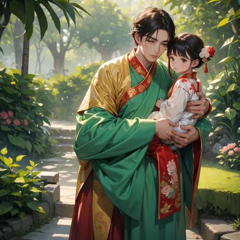 A one-year-old baby boy in an ancient Chinese baby costume with his beautiful mother, dressed in an ancient Chinese costume, Take a walk in the rose garden The garden on the side is lush and green. The atmosphere is after the rain. The air is humid. There ...