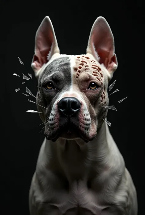 Photo of an American Bully dog with a palette of 4 colors, with half of the face in skeleton, make it look realistic, with broken glass details, on black background