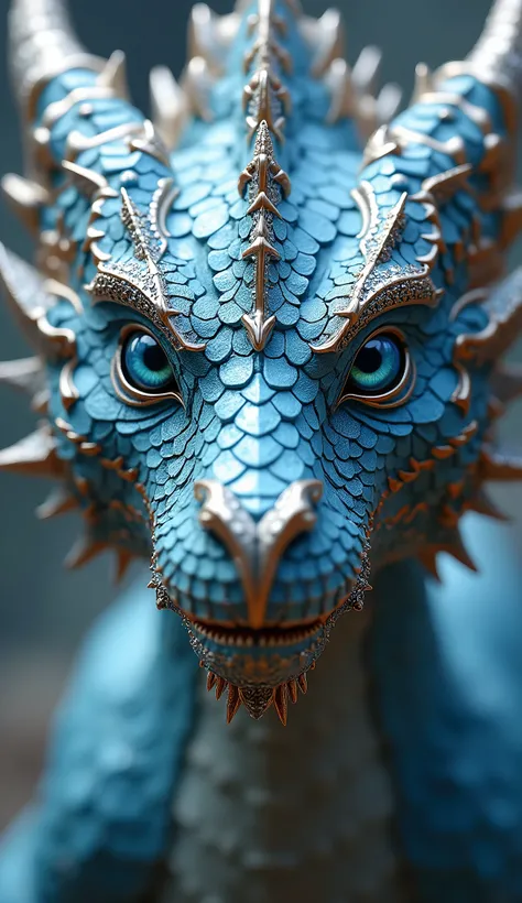  A close-up, front-facing view of a majestic dragon with metallic, crystalline scales that glisten in silver and blue. The dragons face dominates the frame, showcasing an intricate mosaic of scales embedded with sparkling gemstones. Its piercing, icy blue ...