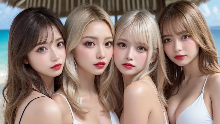 （4girls:1.2)、high resolution、blonde hair，white hair、light hair color、beautiful eyelashes、high resolution、zoom out、20-year-old、hi...