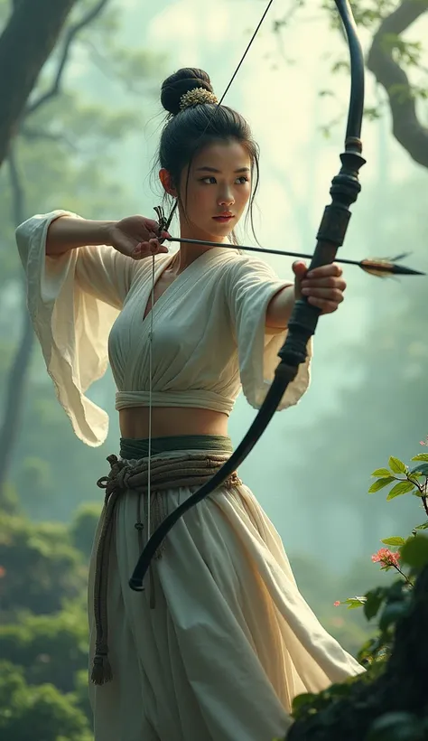 Front view , Chinese Female Warrior, (One person is drawing a bow and arrow),  ((drawing a bow string,the feather of an arrow)), Showcasing oriental archery style:1.3)(Surrealism, 超High resolution, retina, Accurate, masterpiece, Anatomically correct, Textu...