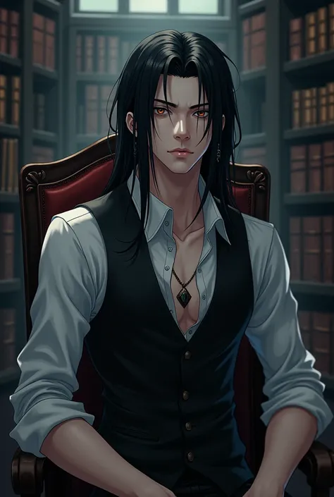 (anime style) beautiful man, long black hair, piercings, brooding, dark academia aesthetic