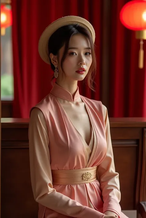 Brown-haired female model wearing a stylized outfit from Vietnamese pho. Elegant and discreet style. Wide-brimmed round hat with folded edges. Pink and beige split-front ao dai. Dress inside the ao dai reaching past the ankle. Luxurious setting, red curtai...