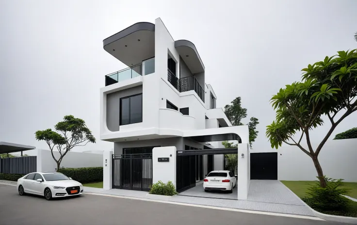 RAW photo, a photo of a modern house, (curvilinear chrchitecture:1.4), Wabisabi style rounded wall, white wall, steel dark gate, sidewalk, sidewalk trees, ((grey gate:1.2)), road, viet nam modern residence, ((architectural shot)), rough white wall, new res...