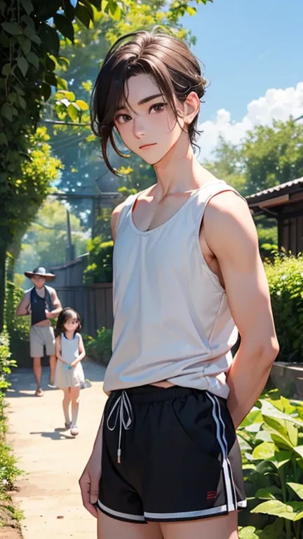 Highest quality、Realistic、zoom、Two people、Alongside、Girls and boys、twins、brother、The same face、Same height、cute、Grey Eyes、Light brown hair、、White tank top、Shorts、thin、garden、Cowboy Shot