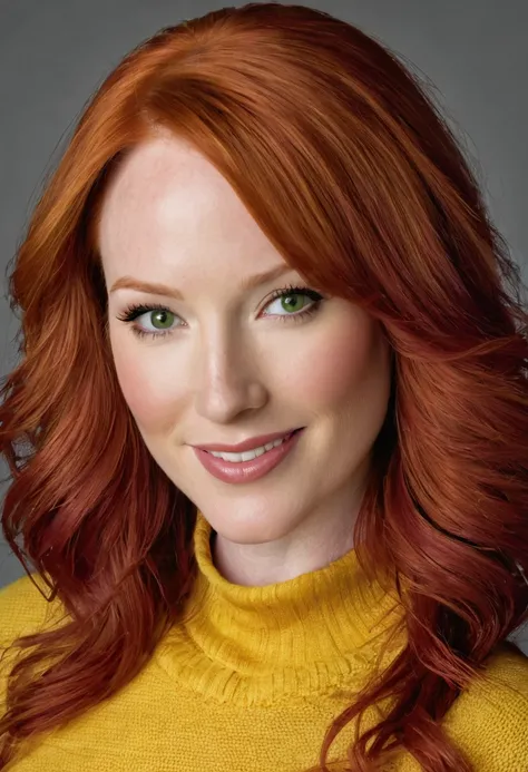 A portrait of Alicia Witt as Marvel Comics Mary Jane Watson. Alicia has long red hair and green eyes. Alicia smiles dazzlingly at the camera. Alicia wears a yellow sweater over a light-purple top and jeans and brown high-heeled boots. Alicia has lovely mak...