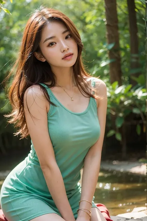 a close up of a woman sitting on a bench in a forest, beautiful asian girl, beautiful south korean woman, gorgeous young korean ...