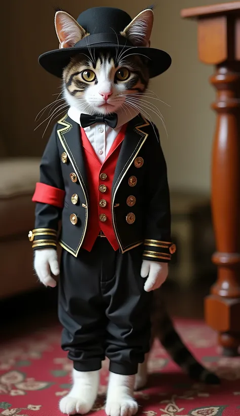 A cat dressed as Michael Jackson is standing