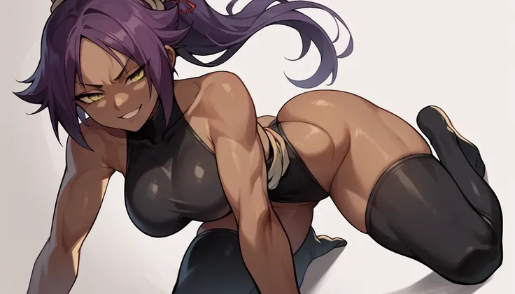 score_9, score_8_up, score_7_up, score_6_up, score_5_up, score_4_up, 1girl, hot, big breasts, slender waist, wide hip, thick thighs, big ass, smile face, smug, half closed eyes, dark-skinned female, dark skin, purple hair, ponytail, yellow eyes, yoruichi s...