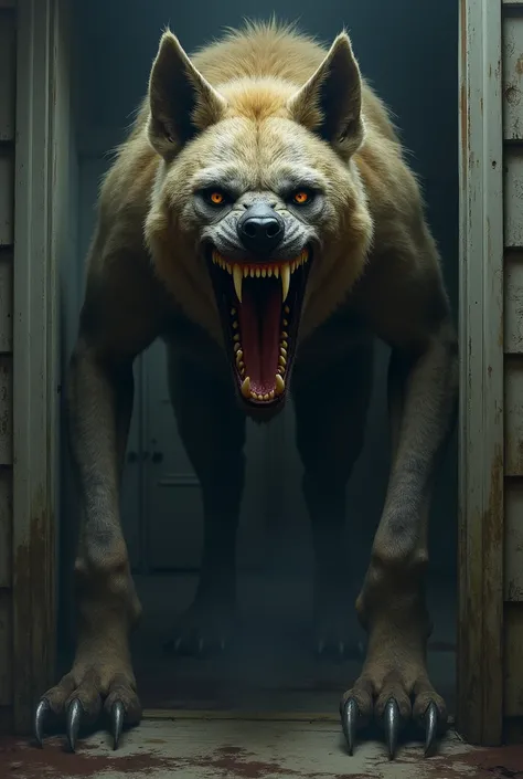 A huge evil wide grinning hyena exposing a set of sharp yellow teeth standing tall outside on a doorstep in front of a closed house door, background shadows, nightmare 