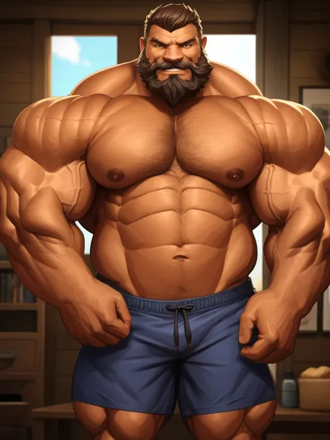 1boy, 1man, solo, gigantic, hyper detailed, (topless, shirtless, shorts), well-muscled old man, bearded. ((extremely huge muscular, massive muscular, extremely muscle size, super thick arms, huge pec, hyper pec, bigger chest, extremely wide pectoral , huge...