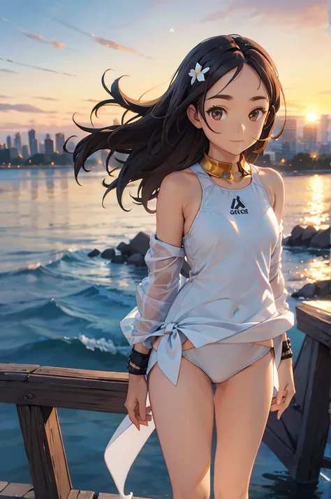 wearing a white swimsuit, skyline, sunset,