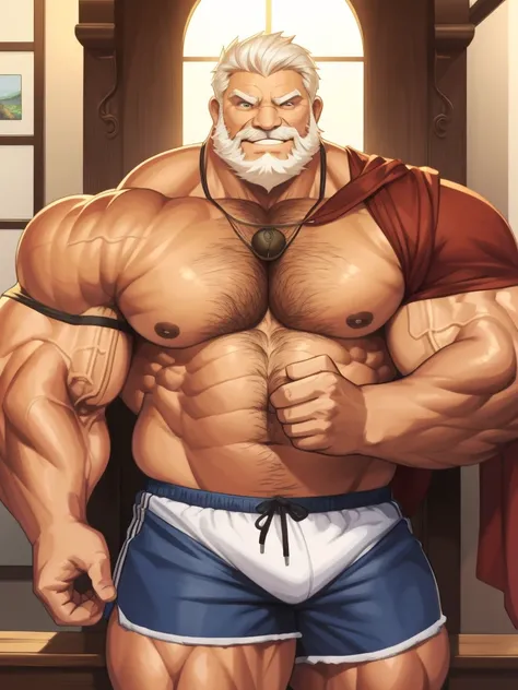 1boy, 1man, solo, gigantic, hyper detailed, (topless, shirtless, shorts), well-muscled old man, bearded. ((extremely huge muscular, massive muscular, extremely muscle size, super thick arms, huge pec, hyper pec, bigger chest, extremely wide pectoral , huge...