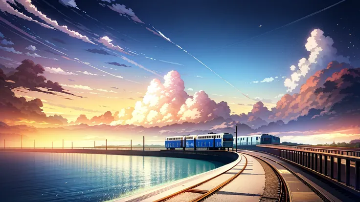 there is a train crossing on the tracks near the ocean, beautiful anime scene, ( ( makoto shinkai ) ), anime landscape, beautifu...