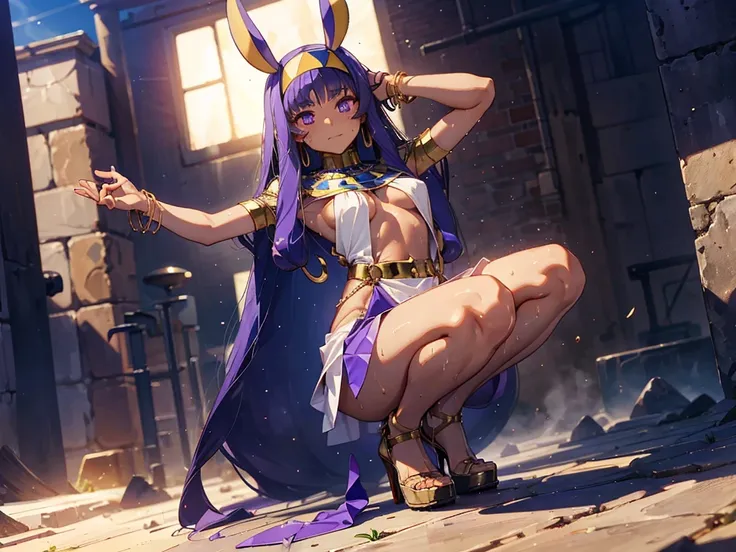 nitocris、beautiful girl、raise your hands to show your sweaty armpits,peeing、squatting、spread legs、high heels、shoes、hands on knee...