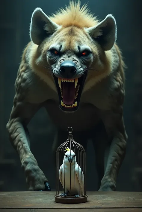 A huge evil wide grinning hyena exposing a set of sharp yellow teeth looking at a white parrot in a birdcage across a room, background shadows, nightmare 