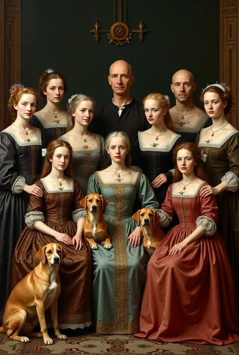 family photo from the 17th century made up of 10 women (5 elderly and 5 young), 4 bald men and 5 dogs with chicken faces.