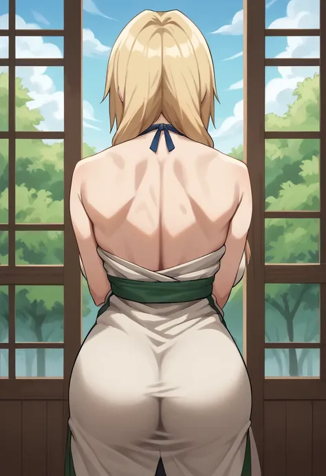 tsunade senju, she is looking at the horizon , ((she has her back turned)), ((showing her back)), ((facing away from the camera)...