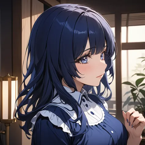 ((Highest quality)), ((masterpiece)), (detailed), （Perfect Face）、The woman is a housewife with medium-long midnight blue hair.