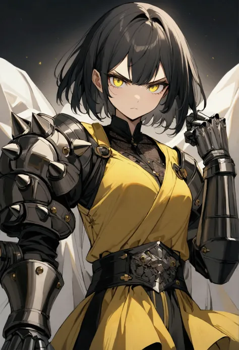 18 year old girl, very light skin, light eyes, Dark black short hair, with giant metal gloves, Green and yellow clothes, very serious attitude 