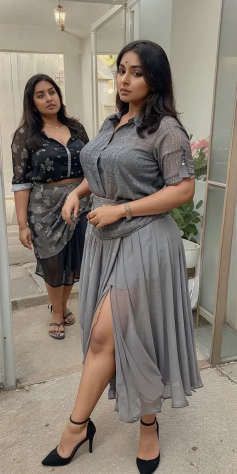 Day scene, A radiant, full-figured South Indian 35 year old aunty a gray colour chiffon mini skirt and black chiffon shirt, standing, in a garden captured in a full-body image with vibrant hues and meticulous details. Full body image