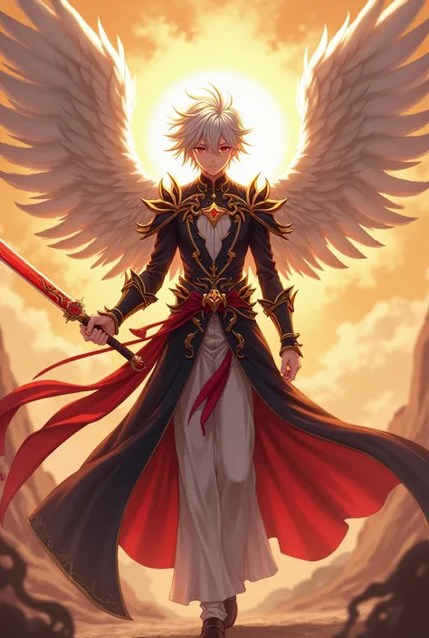  A  realistic angel god anime boy wearing a beautiful red black and white dress. 
His hair colour is white and black mixed
This pic is looking from some distance 
And he has 4 angel wings and his eye colour is red 
And he has angels sword in her hand and h...