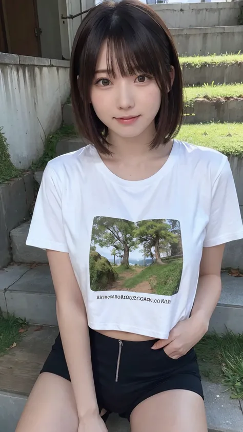 beautiful girl, One Girl, (Cropped logo T-shirt:1.3, low-rise hot pants:1.3), (16yo:1.3), break, (Beautiful moss-covered stairs:1.2), break, Shy laugh, Very beautiful eyes, (Symmetrical eyes:1.3), break, (D cup Breasts:1.2), Brown eyes, Parted bangs, Brown...