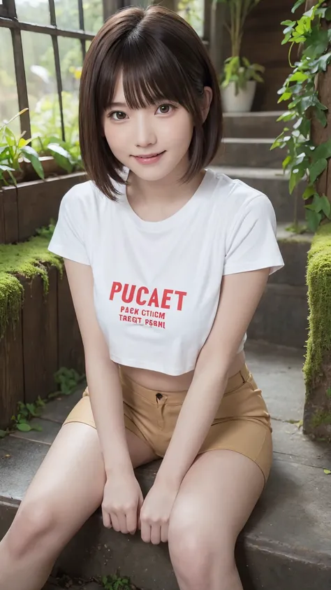 beautiful girl, One Girl, (Cropped logo T-shirt:1.3, low-rise hot pants:1.3), (16yo:1.3), break, (Beautiful moss-covered stairs:1.2), break, Shy laugh, Very beautiful eyes, (Symmetrical eyes:1.3), break, (D cup Breasts:1.2), Brown eyes, Parted bangs, Brown...