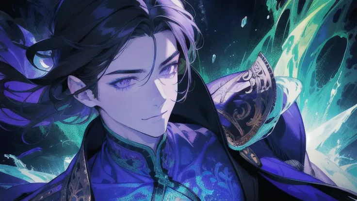 (Absurd, High resolution, Super detailed), 1 male, Adult, Tall and muscular man, Detailed drawn eyes, Dark Hair, Fantasy, Complex patterns, Detailed face,  Magical Effects,  ice,smile, (Dutch Angle), Mouth closed、hope、green、Purple light、ephemeral、beautiful...